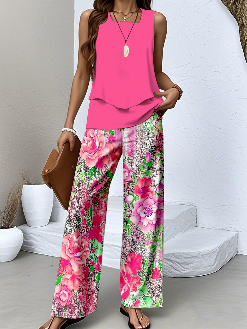 Damen Geblümt Zweiteiliges Set Täglich Ärmellos Lässig Sommer Bluse mit Hose Matching Set