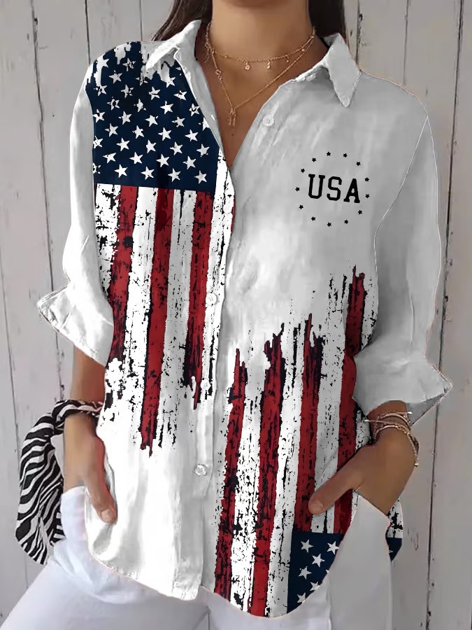 Damen Tag der Unabhängigkeit (Flagge) Dreiviertelärmel Bluse Frühling/Herbst Print Hemdkragen Täglich Lässig Oberteile