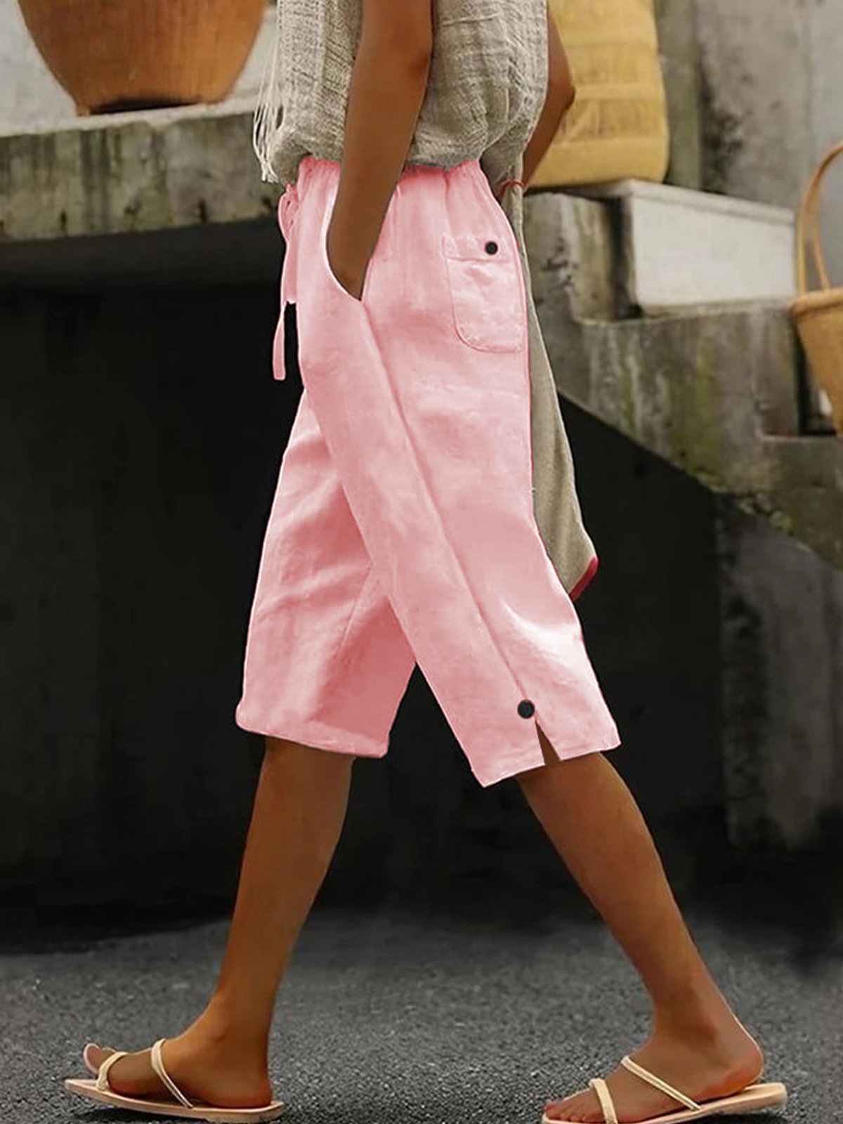 Damen Unifarben Caprihosen Elastische Taille Hose Lässig Sommer Hose