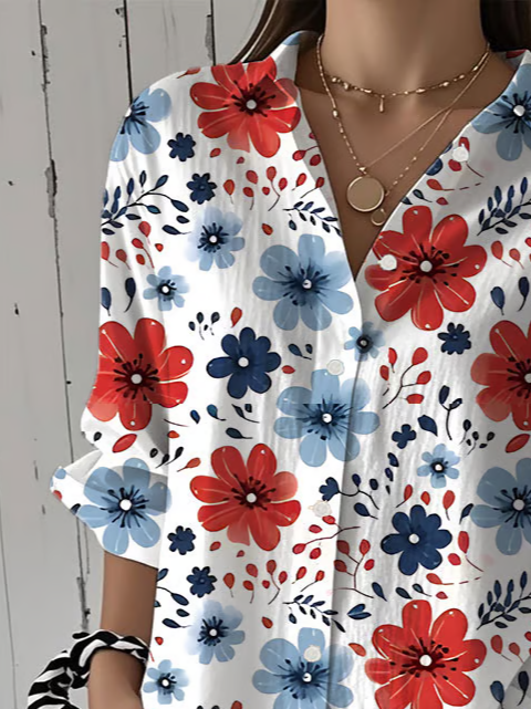 Damen Geblümt Dreiviertelärmel Bluse Frühling/Herbst Print Hemdkragen Täglich Lässig Oberteile