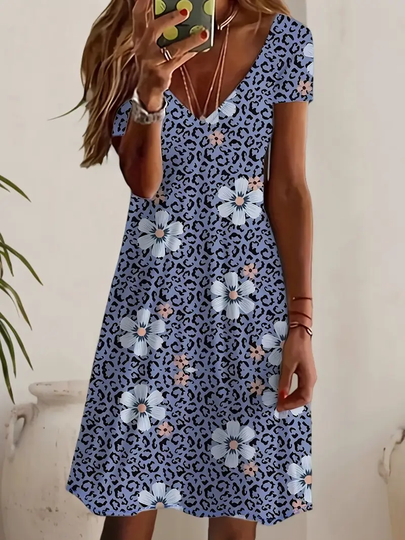 Damen Geblümt Kurzarm Sommer Print Kleid V-Ausschnitt Täglich Lässig Midi Passen & Flare Kleid A-Linien-Kleid