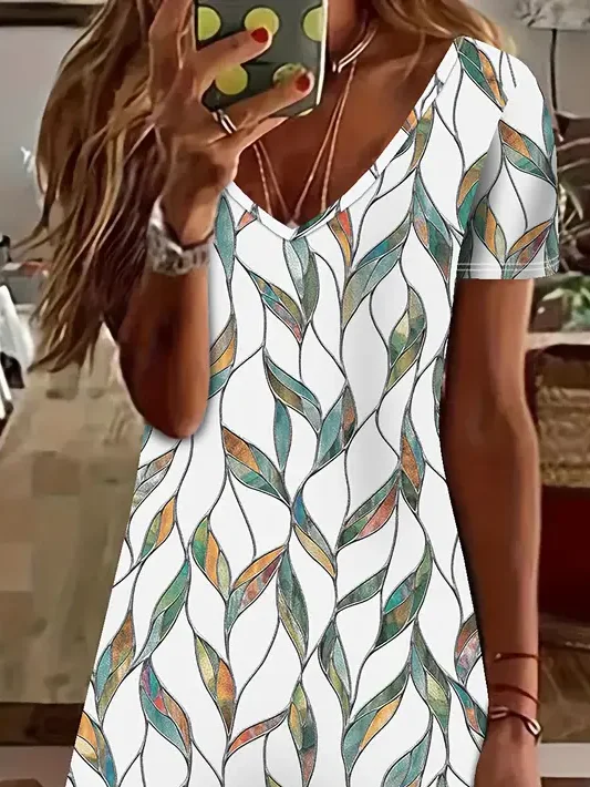 Damen Geblümt Kurzarm Sommer Print Kleid V-Ausschnitt Täglich Lässig Midi Passen & Flare Kleid A-Linien-Kleid