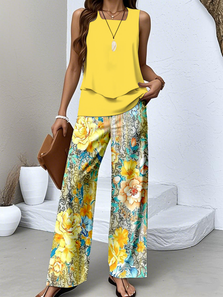 Damen Geblümt Zweiteiliges Set Täglich Ärmellos Lässig Sommer Bluse mit Hose Matching Set