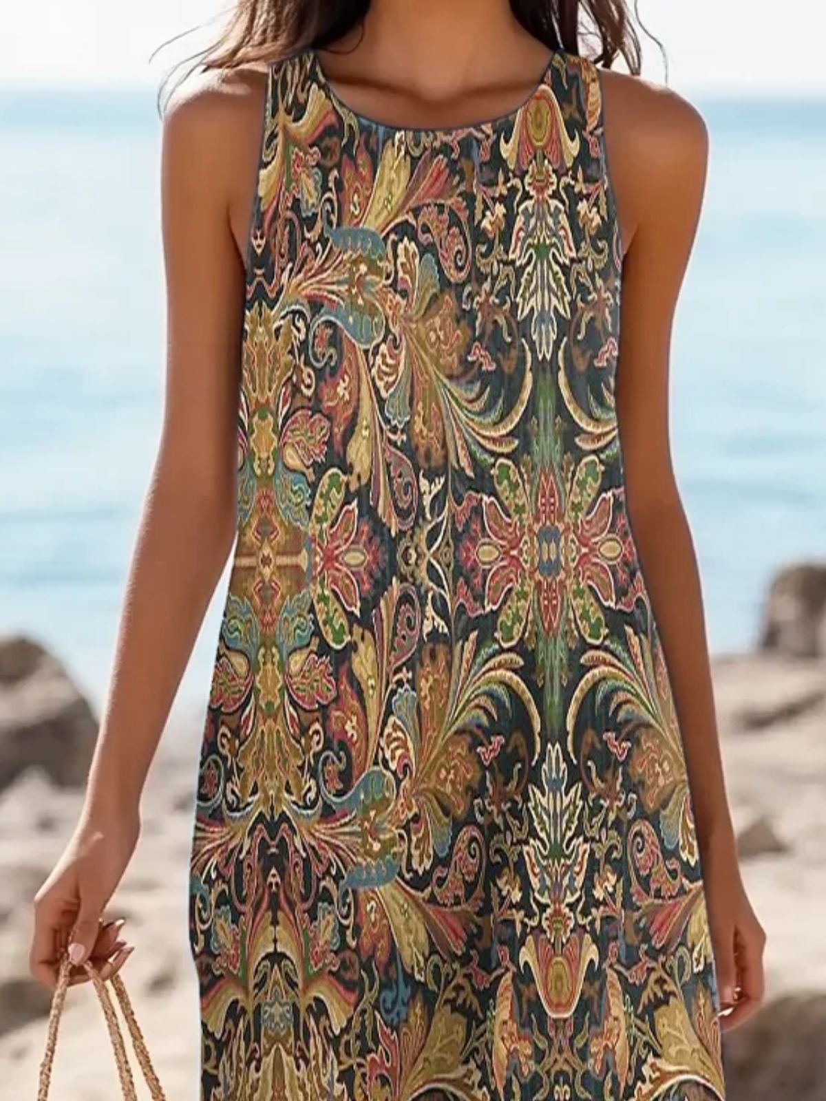 Damen Geblümt Ärmellos Sommer Kleid Rundhals Täglich Lässig Maxikleid A-Linien-Kleid
