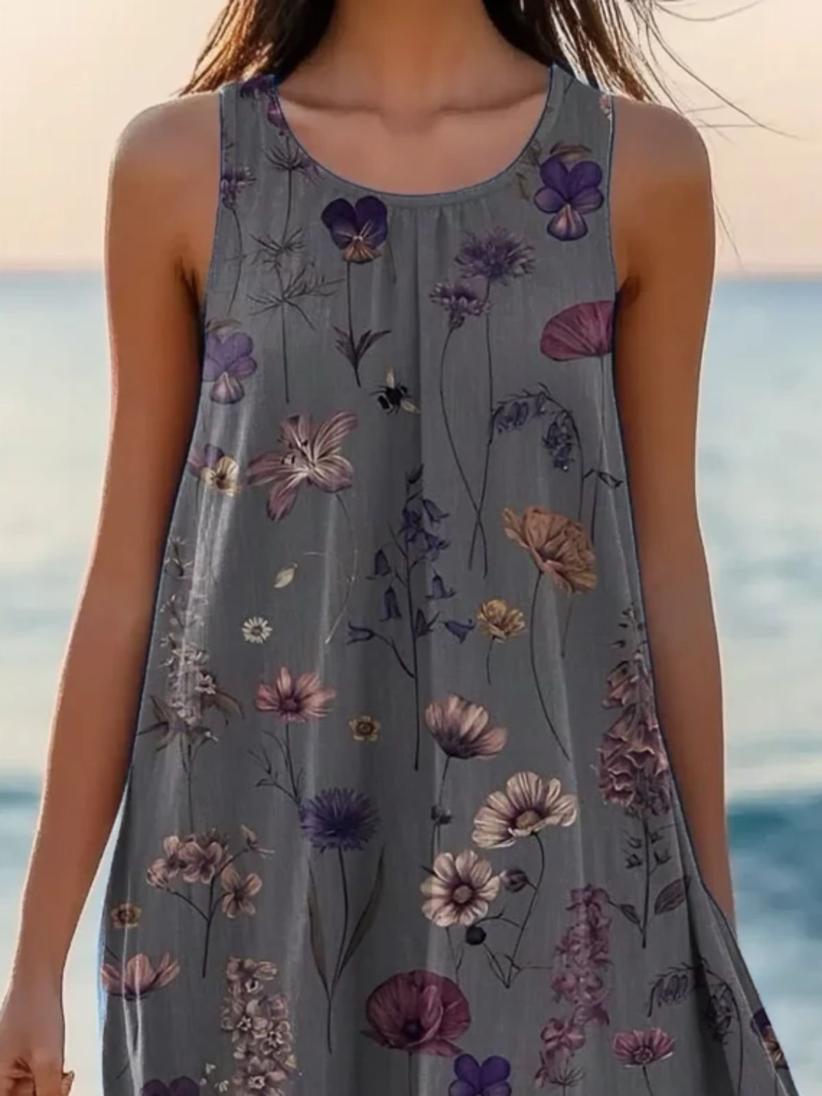 Damen Geblümt Ärmellos Sommer Kleid Rundhals Täglich Lässig Midi A-Linien-Kleid