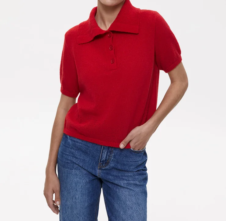 Damen Unifarben Kurzarm T-Shirts T-Shirt Schalkragen Schnalle Lässig Sommer Oberteile