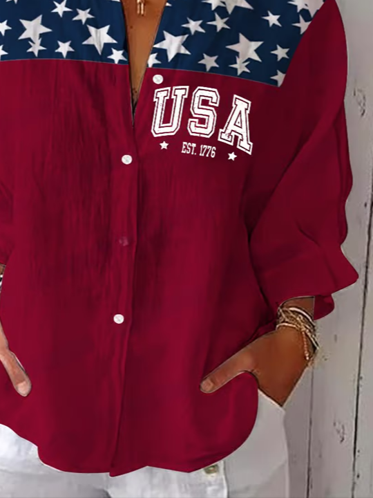 Damen Tag der Unabhängigkeit (Flagge) Dreiviertelärmel Bluse Frühling/Herbst Print Hemdkragen Täglich Lässig Oberteile