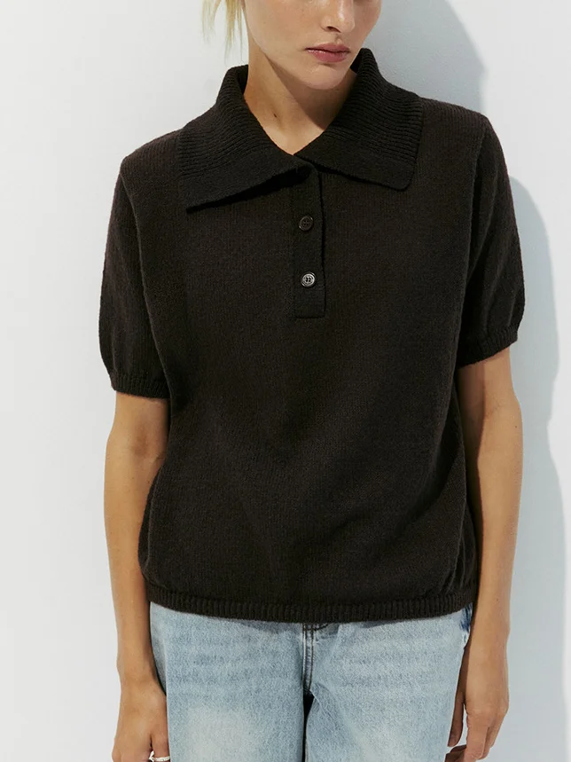 Damen Unifarben Kurzarm T-Shirts T-Shirt Schalkragen Schnalle Lässig Sommer Oberteile