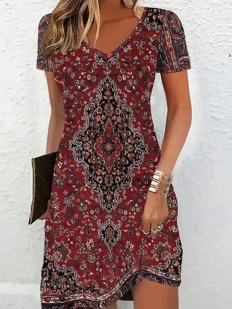 Damen Geblümt Kurzarm Sommer Print Kleid V-Ausschnitt Täglich Lässig Midi Passen & Flare Kleid A-Linien-Kleid