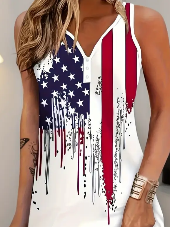 Damen Tag der Unabhängigkeit (Flagge) Ärmellos Sommer Print Kleid Gekerbt Täglich Lässig Mini Tanktop H-Linie Kleid