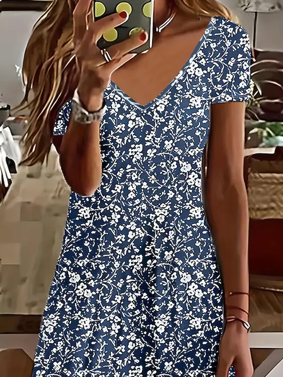 Damen Geblümt Kurzarm Sommer Print Kleid V-Ausschnitt Täglich Lässig Midi Passen & Flare Kleid A-Linien-Kleid