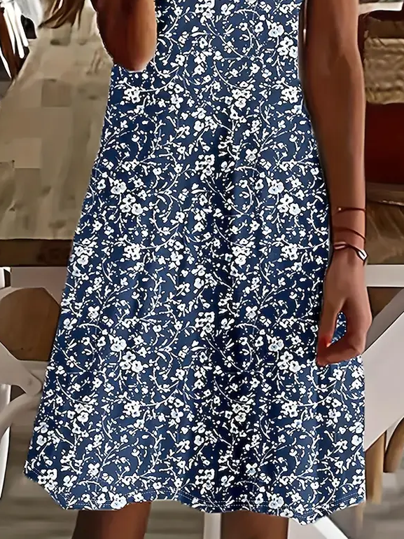 Damen Geblümt Kurzarm Sommer Print Kleid V-Ausschnitt Täglich Lässig Midi Passen & Flare Kleid A-Linien-Kleid