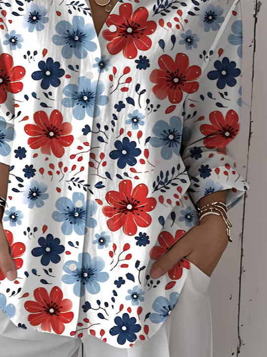Damen Geblümt Dreiviertelärmel Bluse Frühling/Herbst Print Hemdkragen Täglich Lässig Oberteile
