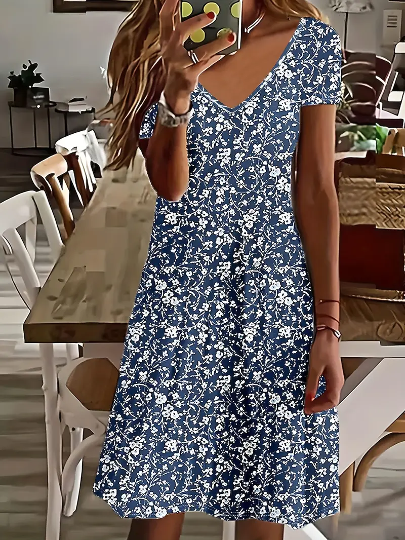 Damen Geblümt Kurzarm Sommer Print Kleid V-Ausschnitt Täglich Lässig Midi Passen & Flare Kleid A-Linien-Kleid