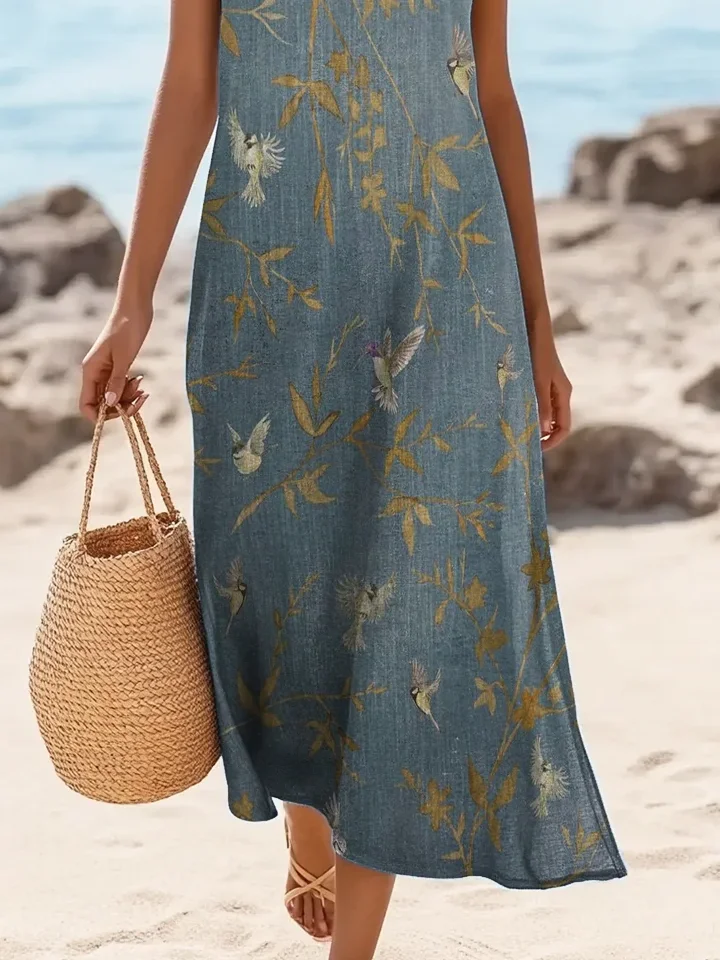 Damen Geblümt Ärmellos Sommer Print Kleid Rundhals Täglich Lässig Maxikleid Tanktop H-Linie Kleid