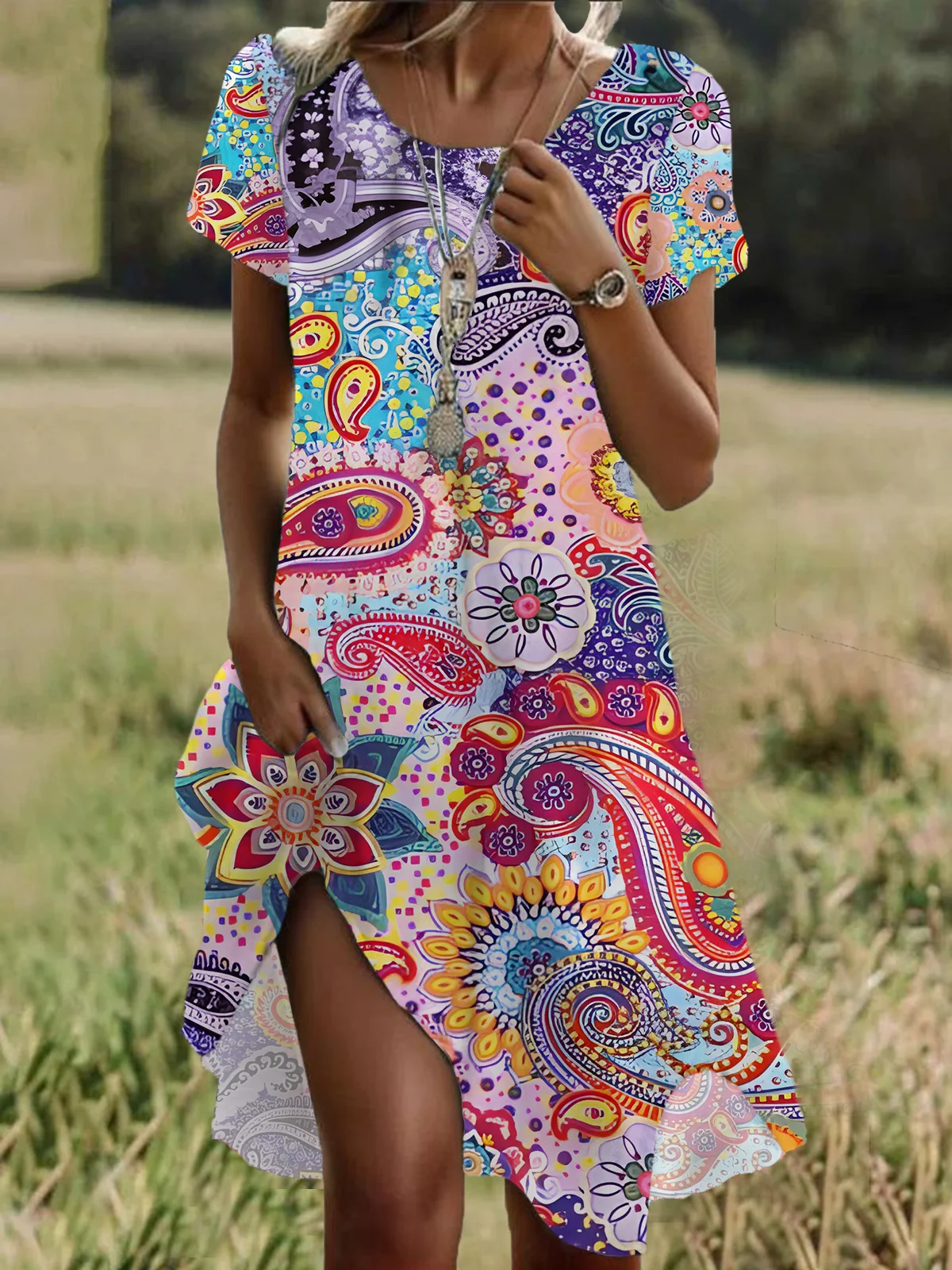 Damen Geblümt Kurzarm Sommer Print Kleid Rundhals Täglich Lässig Mini Tunika H-Linie Kleid
