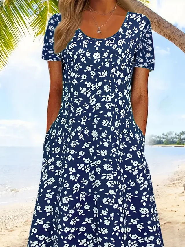 Damen Geblümt Halbarm Sommer Print Kleid Rundhals Täglich Lässig Maxikleid A-Linien-Kleid