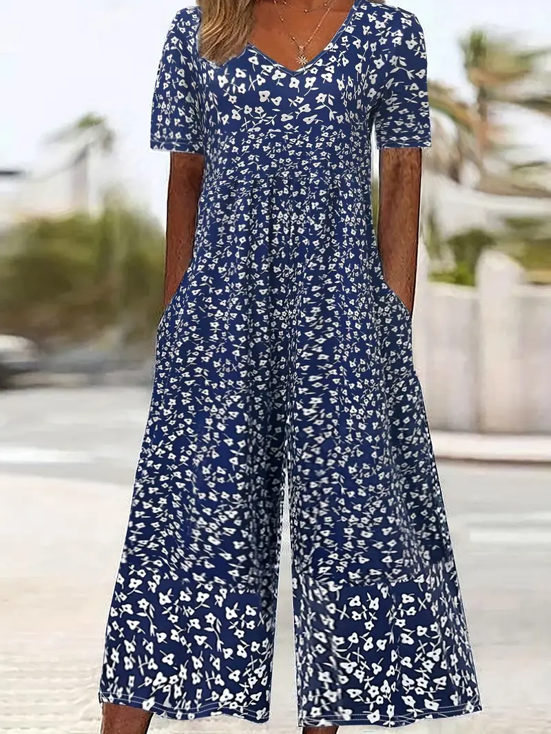Damen Geblümt V-Ausschnitt Halbarm Lässig Sommer Jumpsuit