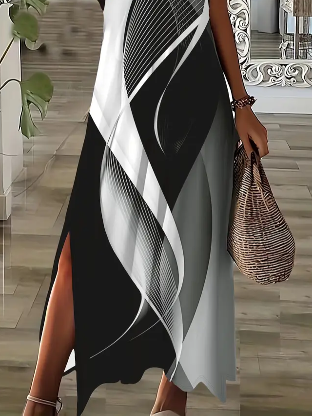 Damen Abstrakt Kurzarm Sommer Print Kleid V-Ausschnitt Täglich Lässig Maxikleid X-Linie Kleid