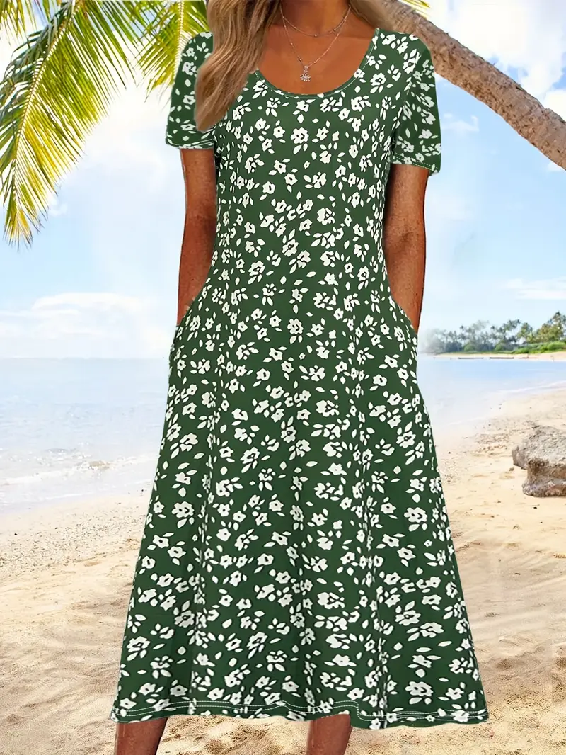 Damen Geblümt Halbarm Sommer Print Kleid Rundhals Täglich Lässig Maxikleid A-Linien-Kleid