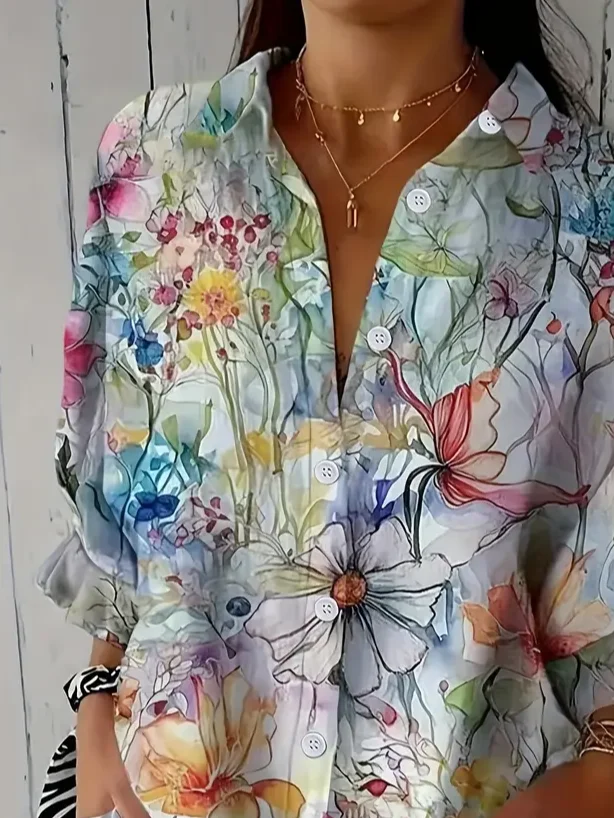 Damen Geblümt Dreiviertelärmel Bluse Frühling/Herbst Print Hemdkragen Täglich Lässig Oberteile