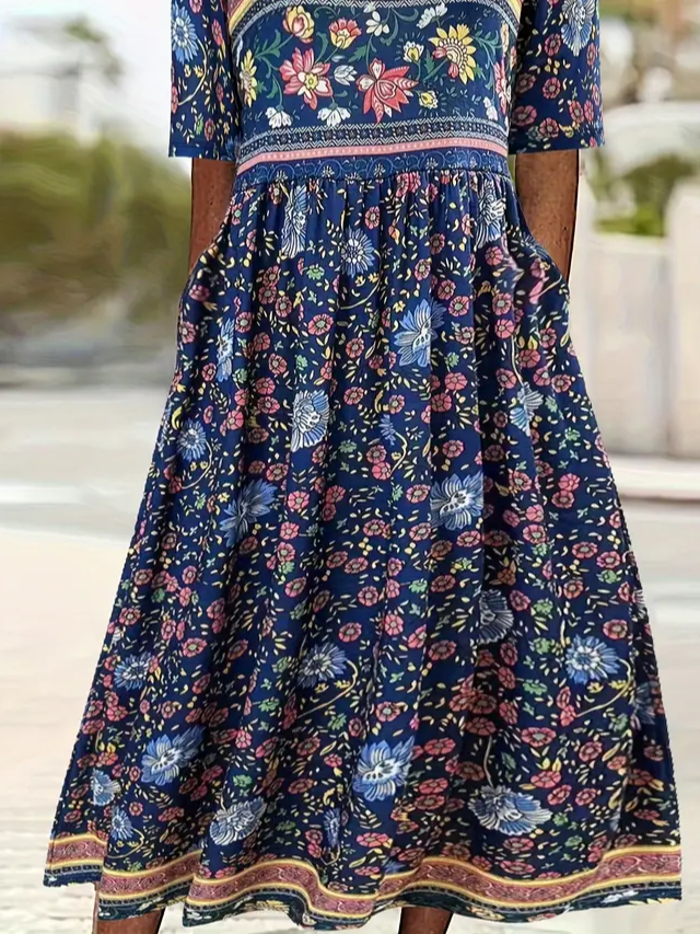 Damen Geblümt Halbarm Sommer Print Kleid Rundhals Täglich Lässig Maxikleid A-Linien-Kleid