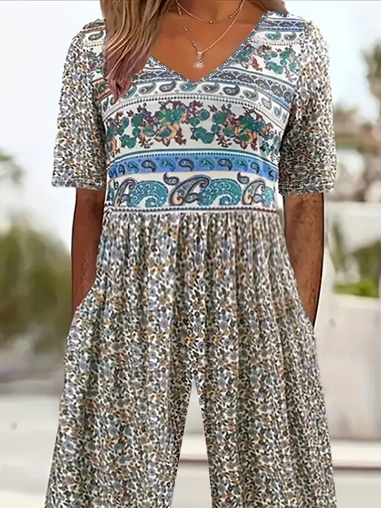 Damen Geblümt V-Ausschnitt Halbarm Lässig Sommer Jumpsuit