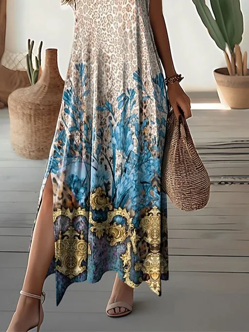 Damen Geblümt Kurzarm Sommer Print Kleid V-Ausschnitt Täglich Lässig Maxikleid X-Linie Kleid