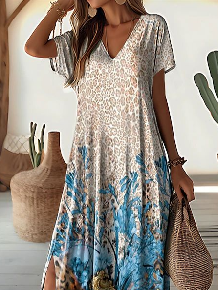 Damen Geblümt Kurzarm Sommer Print Kleid V-Ausschnitt Täglich Lässig Maxikleid X-Linie Kleid