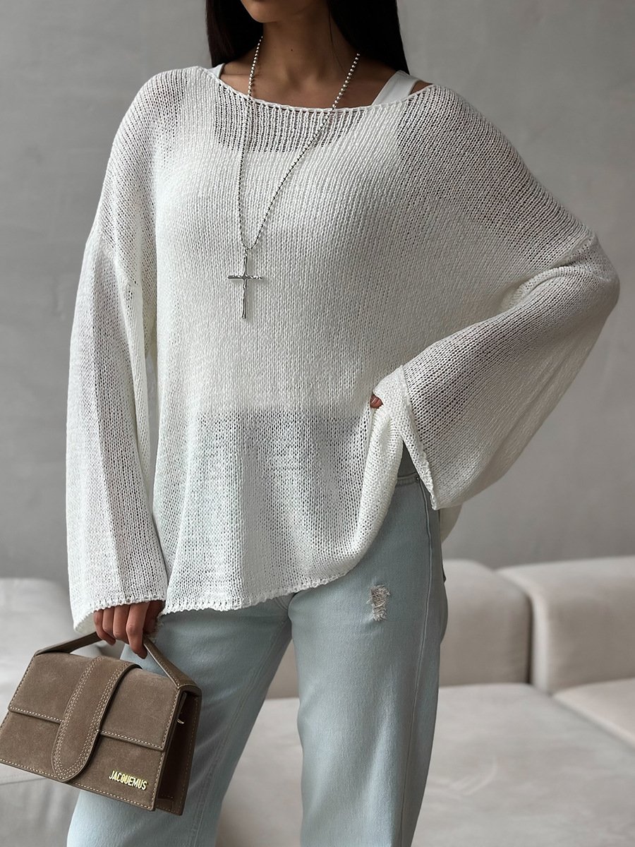 Damen Unifarben Gewebe Frühling/Herbst Lässig Langarm Schulterfrei Baumwolle Pullover