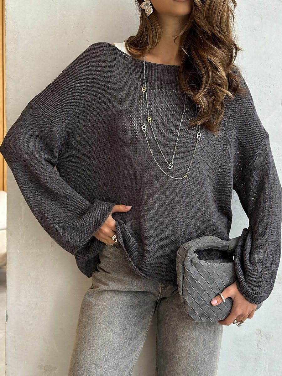 Damen Unifarben Gewebe Frühling/Herbst Lässig Langarm Schulterfrei Baumwolle Pullover