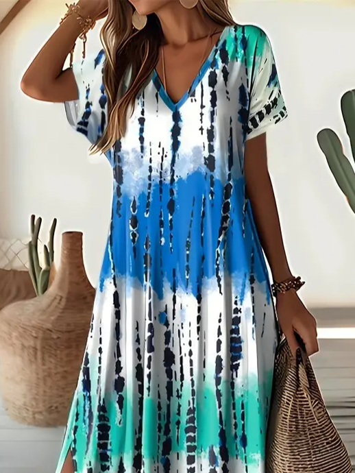 Damen Abstrakt Kurzarm Sommer Print Kleid V-Ausschnitt Täglich Lässig Maxikleid X-Linie Kleid