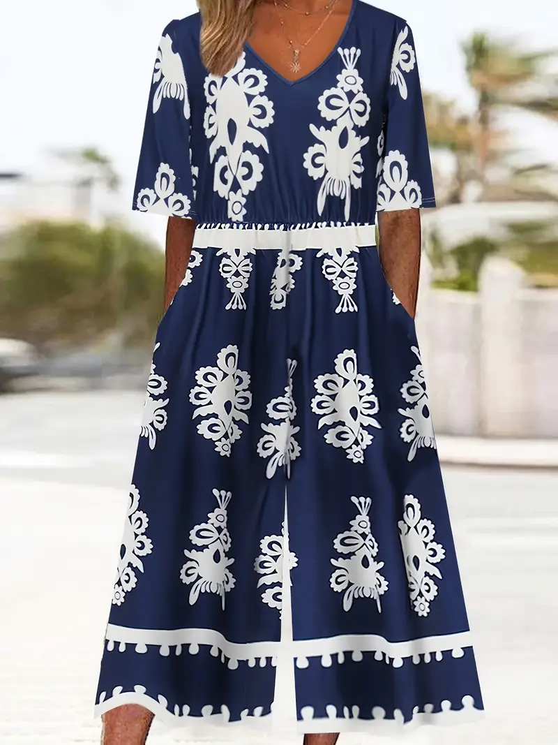 Damen Geblümt V-Ausschnitt Halbarm Lässig Sommer Jumpsuit