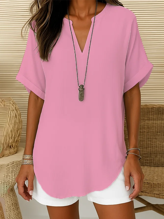 Damen Unifarben Kurzarm Bluse Sommer Print V-Ausschnitt Täglich Lässig Oberteile