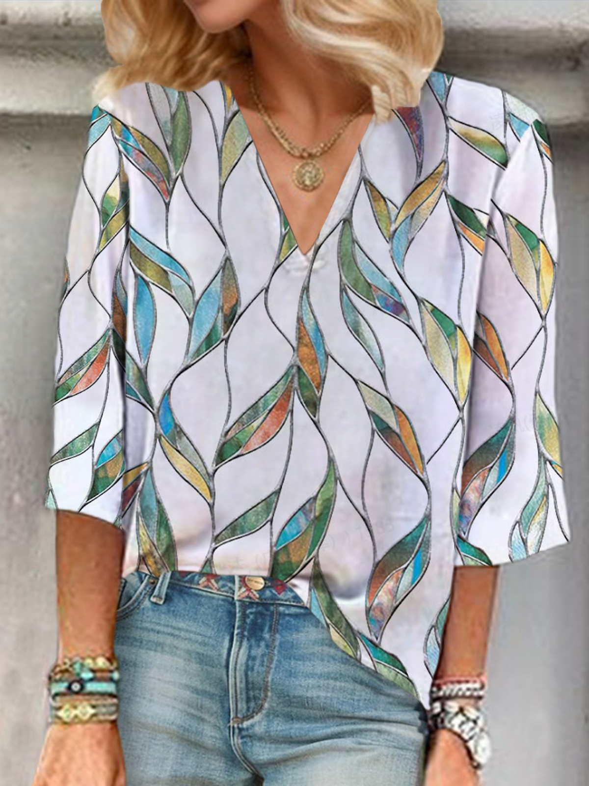 Damen Geblümt Dreiviertelärmel Bluse Frühling/Herbst Print V-Ausschnitt Täglich Lässig Oberteile