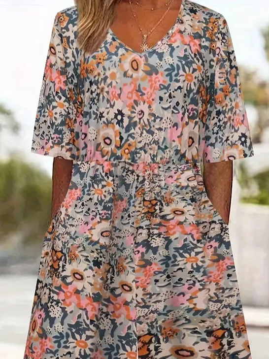 Damen Geblümt V-Ausschnitt Halbarm Lässig Sommer Jumpsuit