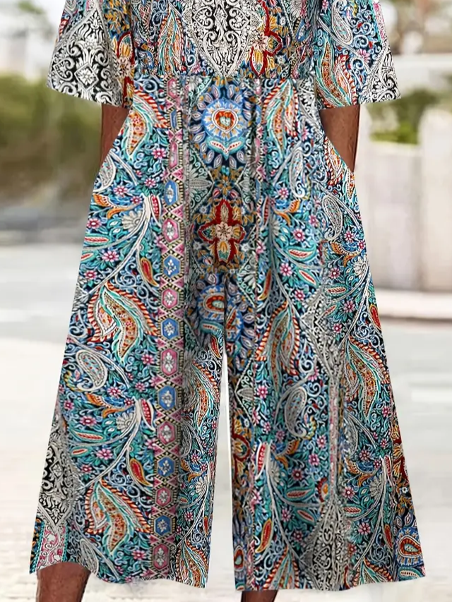 Damen Geblümt V-Ausschnitt Halbarm Lässig Sommer Jumpsuit