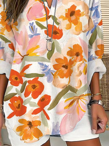 Damen Geblümt Langarm Bluse Frühling/Herbst Print V-Ausschnitt Täglich Lässig Oberteile