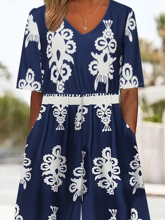 Damen Geblümt V-Ausschnitt Halbarm Lässig Sommer Jumpsuit