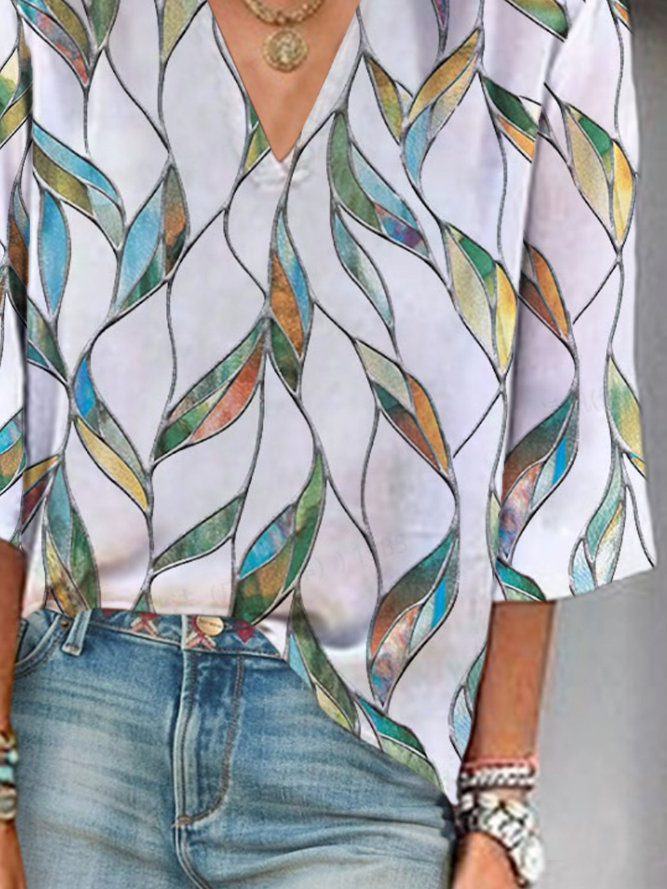 Damen Geblümt Dreiviertelärmel Bluse Frühling/Herbst Print V-Ausschnitt Täglich Lässig Oberteile