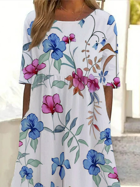 Damen Geblümt Halbarm Sommer Print Kleid Rundhals Täglich Lässig Maxikleid A-Linien-Kleid