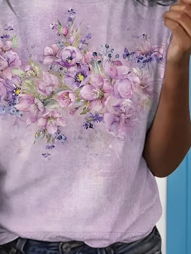 Damen Geblümt Kurzarm T-Shirts T-Shirt Rundhals Print Lässig Sommer T-Shirt mit Grafik Oberteile