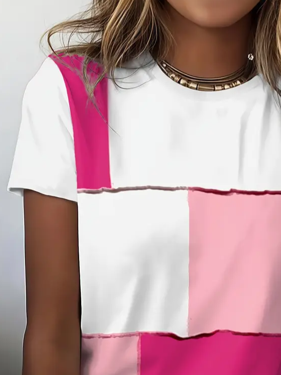 Damen Multifarben Block Kurzarm T-Shirts T-Shirt Rundhals Print Lässig Sommer T-Shirt mit Grafik Oberteile