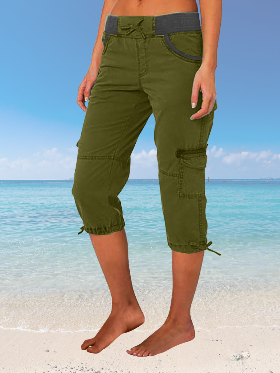 Damen Unifarben Caprihosen Elastische Taille Hose Lässig Sommer Hose