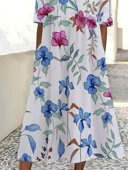 Damen Geblümt Halbarm Sommer Print Kleid Rundhals Täglich Lässig Maxikleid A-Linien-Kleid