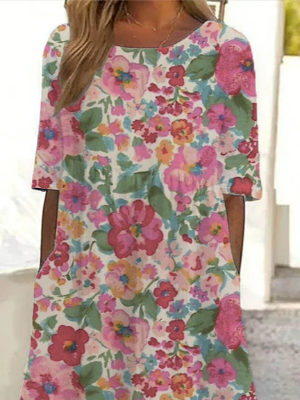 Damen Geblümt Halbarm Sommer Print Kleid Rundhals Täglich Lässig Maxikleid A-Linien-Kleid