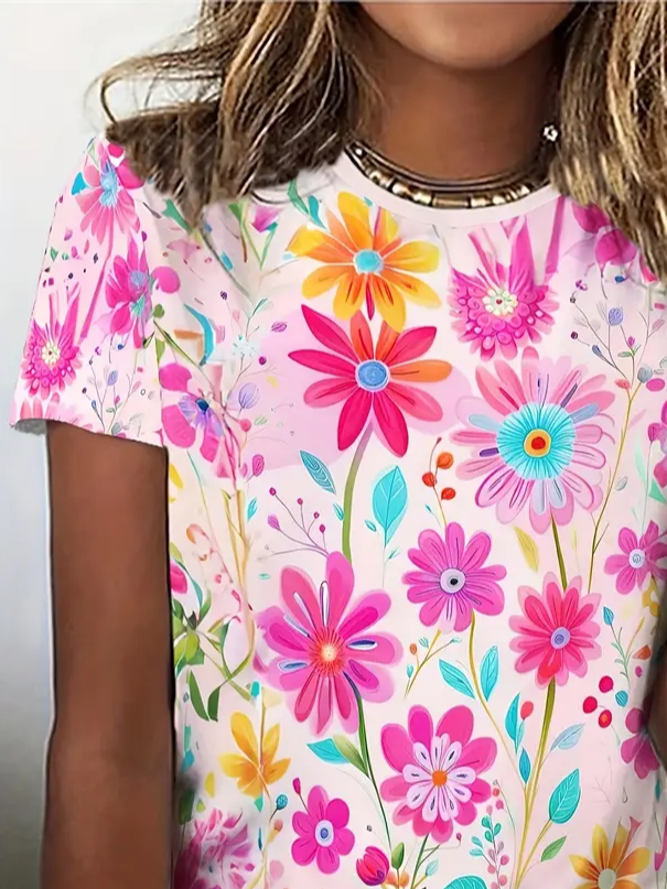 Damen Geblümt Kurzarm T-Shirts T-Shirt Rundhals Print Lässig Sommer T-Shirt mit Grafik Oberteile