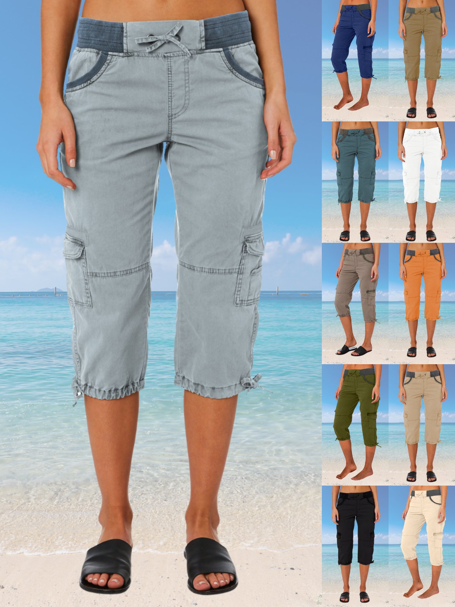 Damen Unifarben Caprihosen Elastische Taille Hose Lässig Sommer Hose