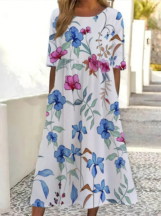Damen Geblümt Halbarm Sommer Print Kleid Rundhals Täglich Lässig Maxikleid A-Linien-Kleid