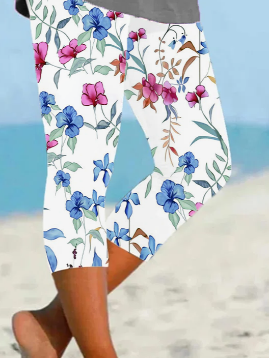 Damen Geblümt Caprihosen Elastische Taille Hose Lässig Sommer Hose